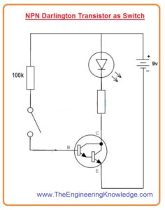 Darlington Pair disadvantagesDarlington Pair Advantages, PNP Darlington Transistor as Switch, NPN Darlington Transistor as Switch, Darlington Transistor Applications, Introduction to Darlington Pair,