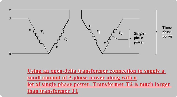 Using an open-delta transformer connection to supply a small amount of 3-phase power along with a lot of single-phase power. Transformer T2 is much larger than transformer T1