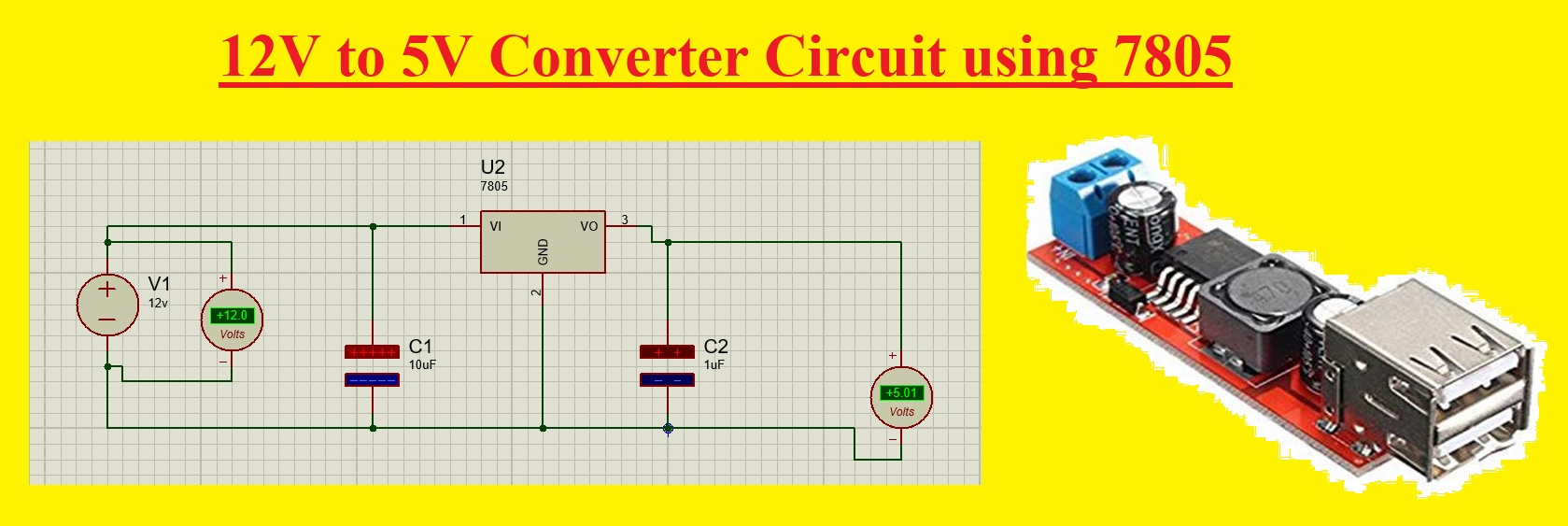 12V to 5V Converter using LM7805 IC - Power Supply