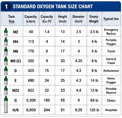 Standard Oxygen Tank Size Chart